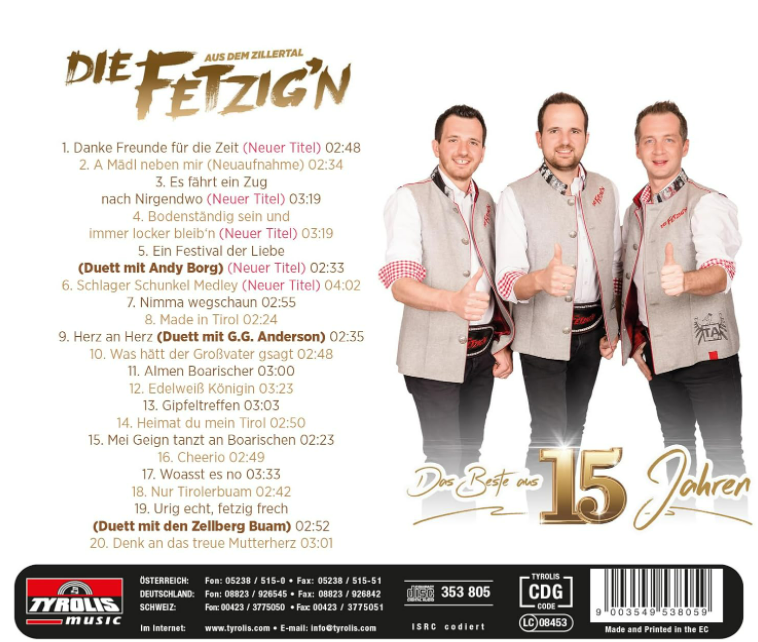 Albumcover mit drei Männern und Text auf Deutsch, mit dem Titel "Die Fetzig'n" und Informationen.