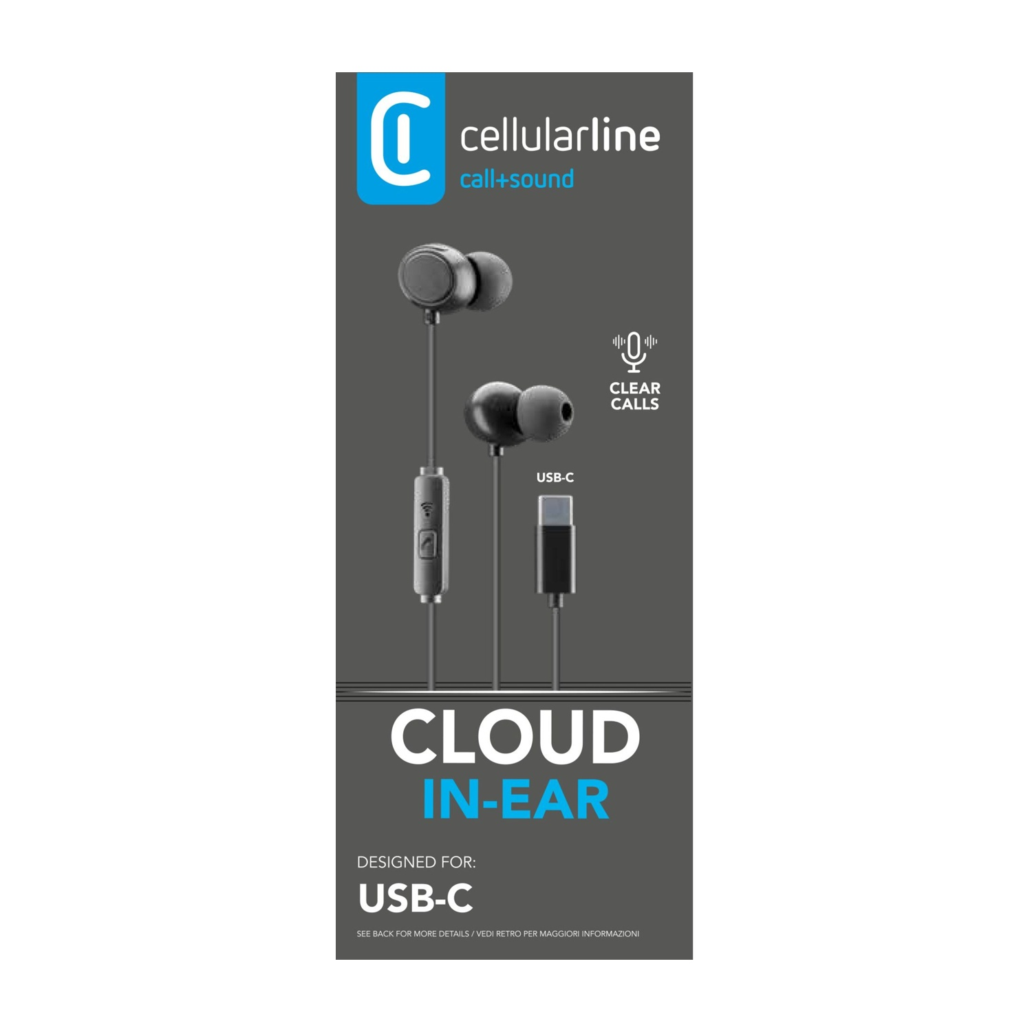 Confezione degli auricolari in-ear Cellularline cloud. Auricolari neri con connettore USB-C e microfono.