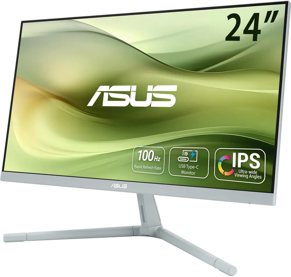 24 hüvelykes ASUS monitor világosszürke kerettel, zöld és sárga átmenetes képernyővel.