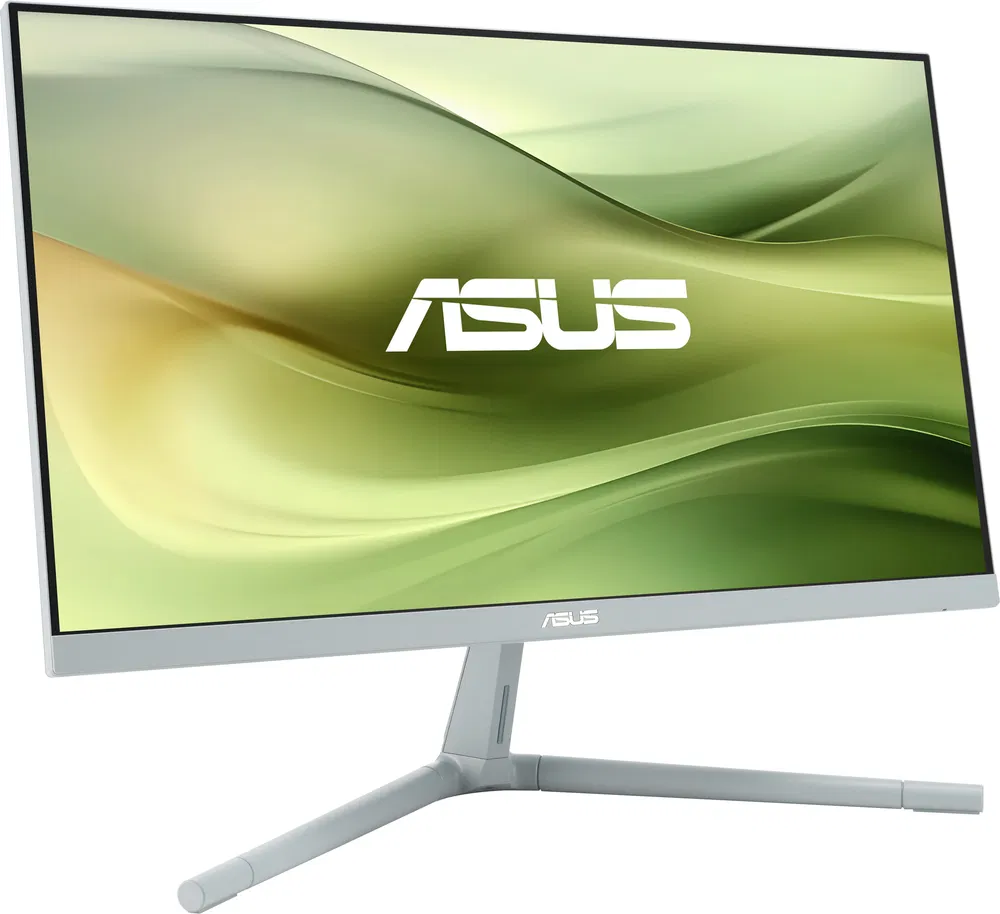Szürke ASUS monitor ívelt állvánnyal, zöld-fehér absztrakt háttérrel.