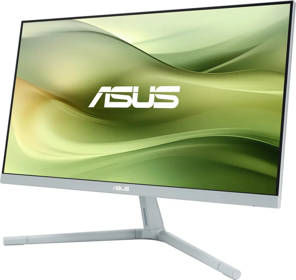 ASUS monitor világosszürke kerettel és állvánnyal, zöld-sárga árnyalatokat mutató képernyővel.