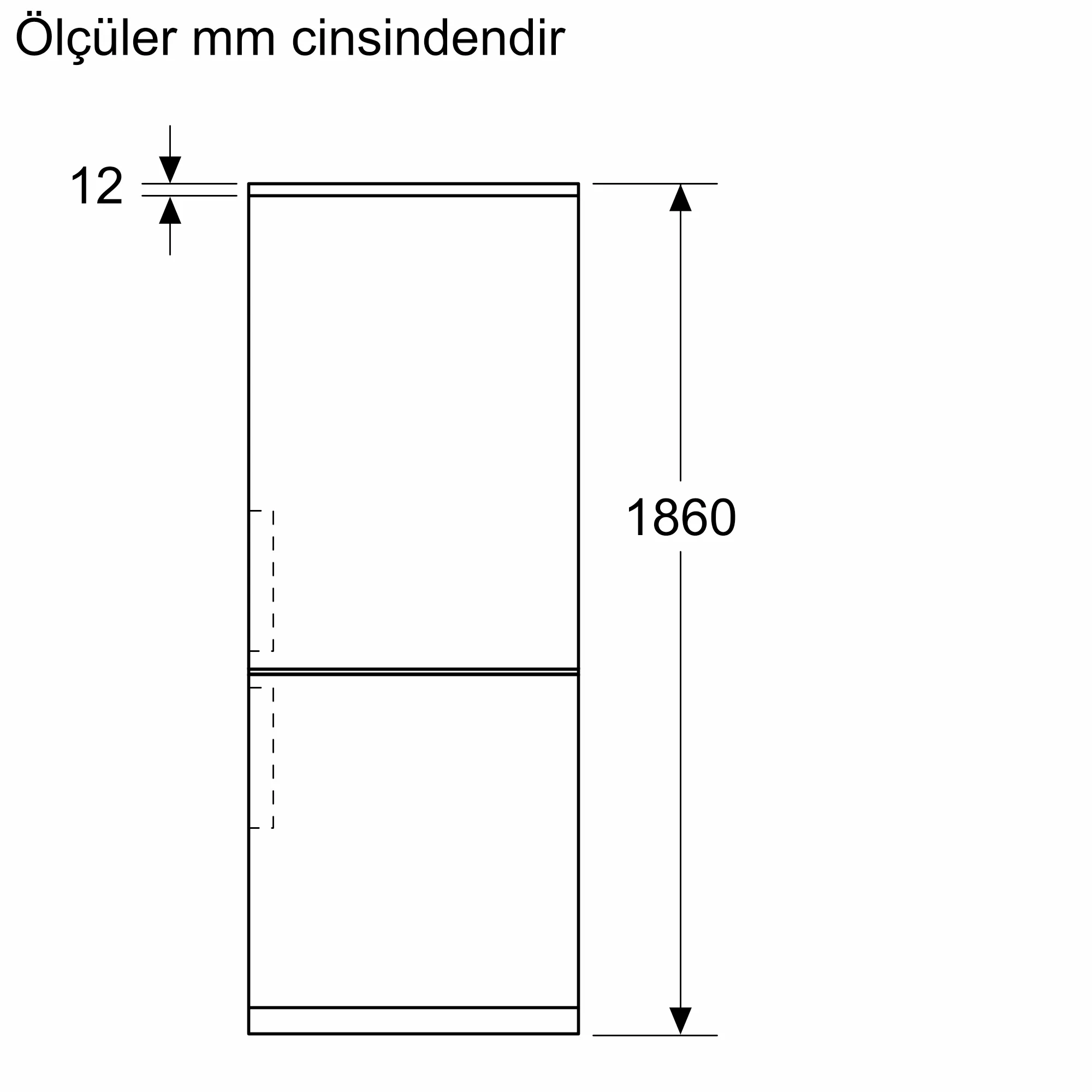 Bir buzdolabının diyagramı, mm cinsinden boyutlarla yan görünüm. İki kapı ve bir dondurucu.