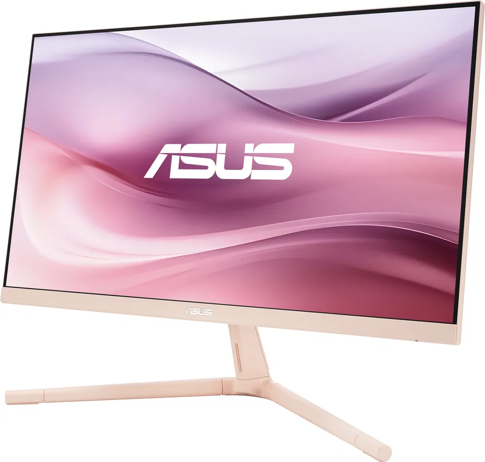 Egy rózsaszín ASUS monitor fehér háttérrel. Világos rózsaszín állványa van.