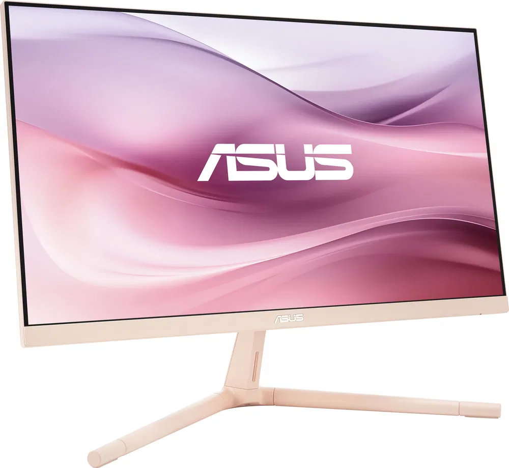 Egy bézs ASUS monitor rózsaszín és fehér absztrakt képet jelenít meg. Az állvány bézs.