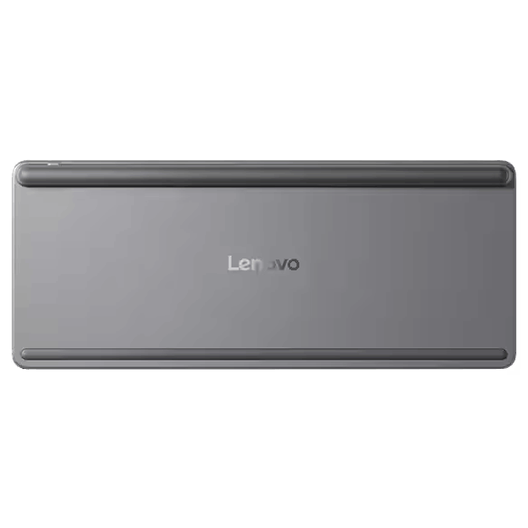 Teclado Lenovo gris, vista superior, con el logotipo de Lenovo centrado.