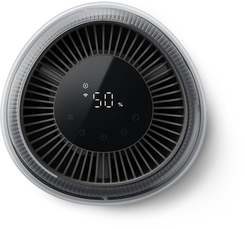 Felülnézet egy légtisztítóról digitális kijelzővel, beállításokkal és egy ventilátorral.