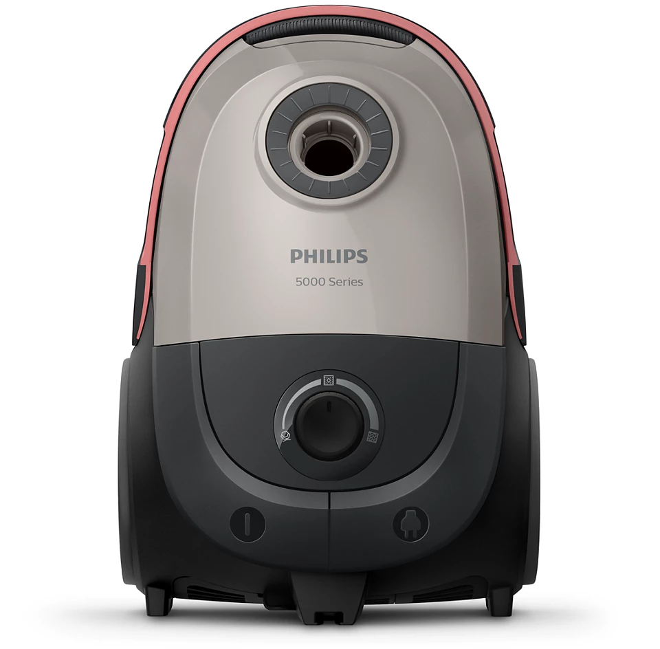 Egy Philips 5000 sorozatú porszívó, rózsaszín és szürke.