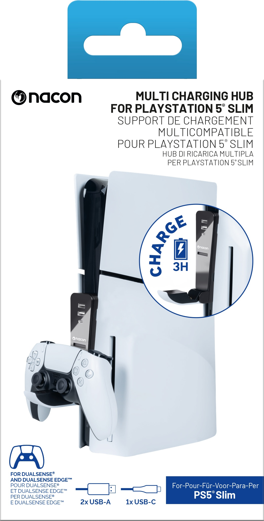 Un hub de chargement pour PS5 Slim avec deux manettes et une icône de chargement.