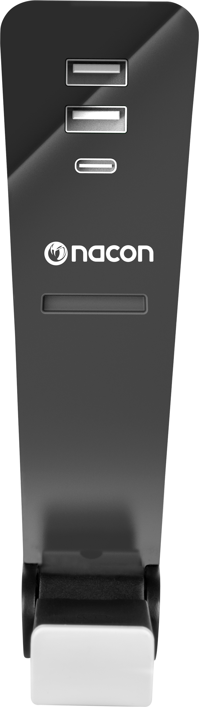Une station de recharge Nacon noire avec ports USB et support pour téléphone, vue de dessus.