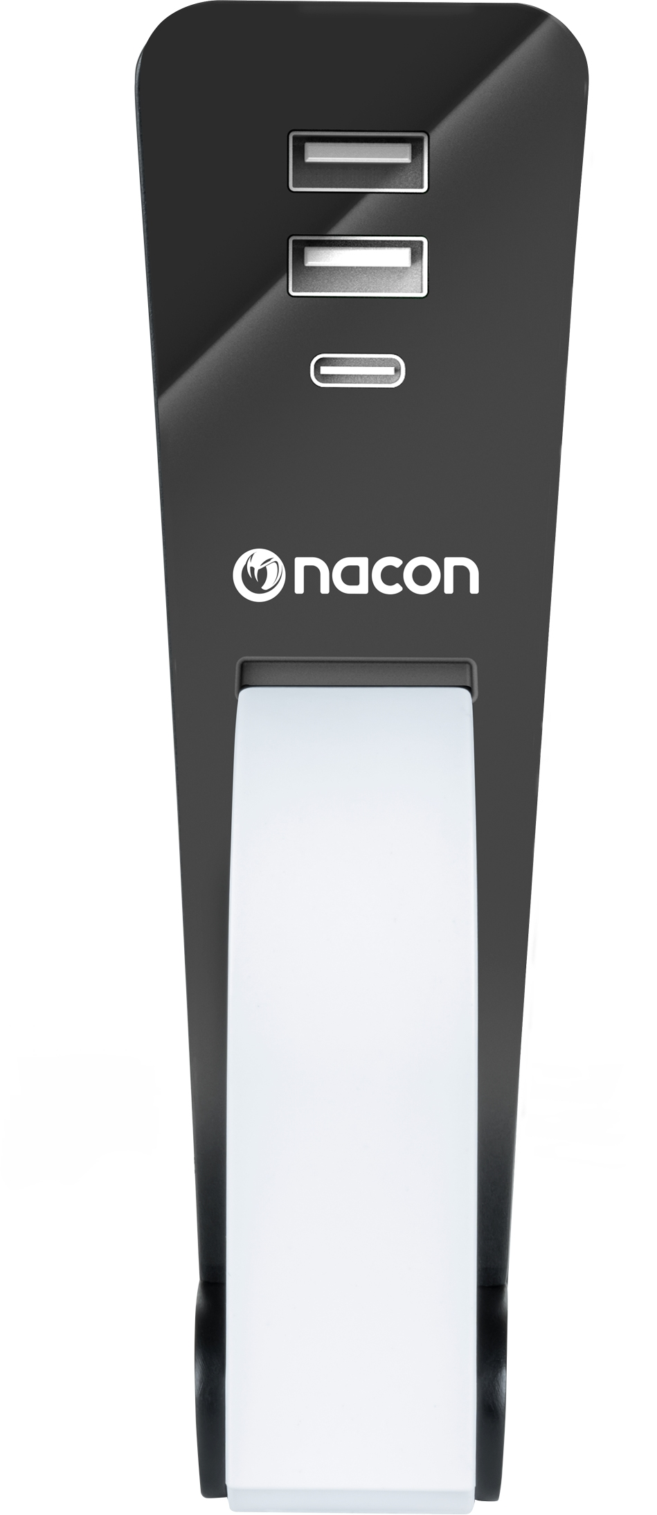 Un adaptateur secteur noir avec trois ports USB et une bande lumineuse blanche avec le logo Nacon.