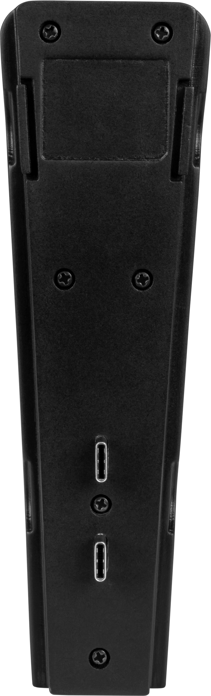 Appareil noir avec ports et vis. Il a une forme rectangulaire.