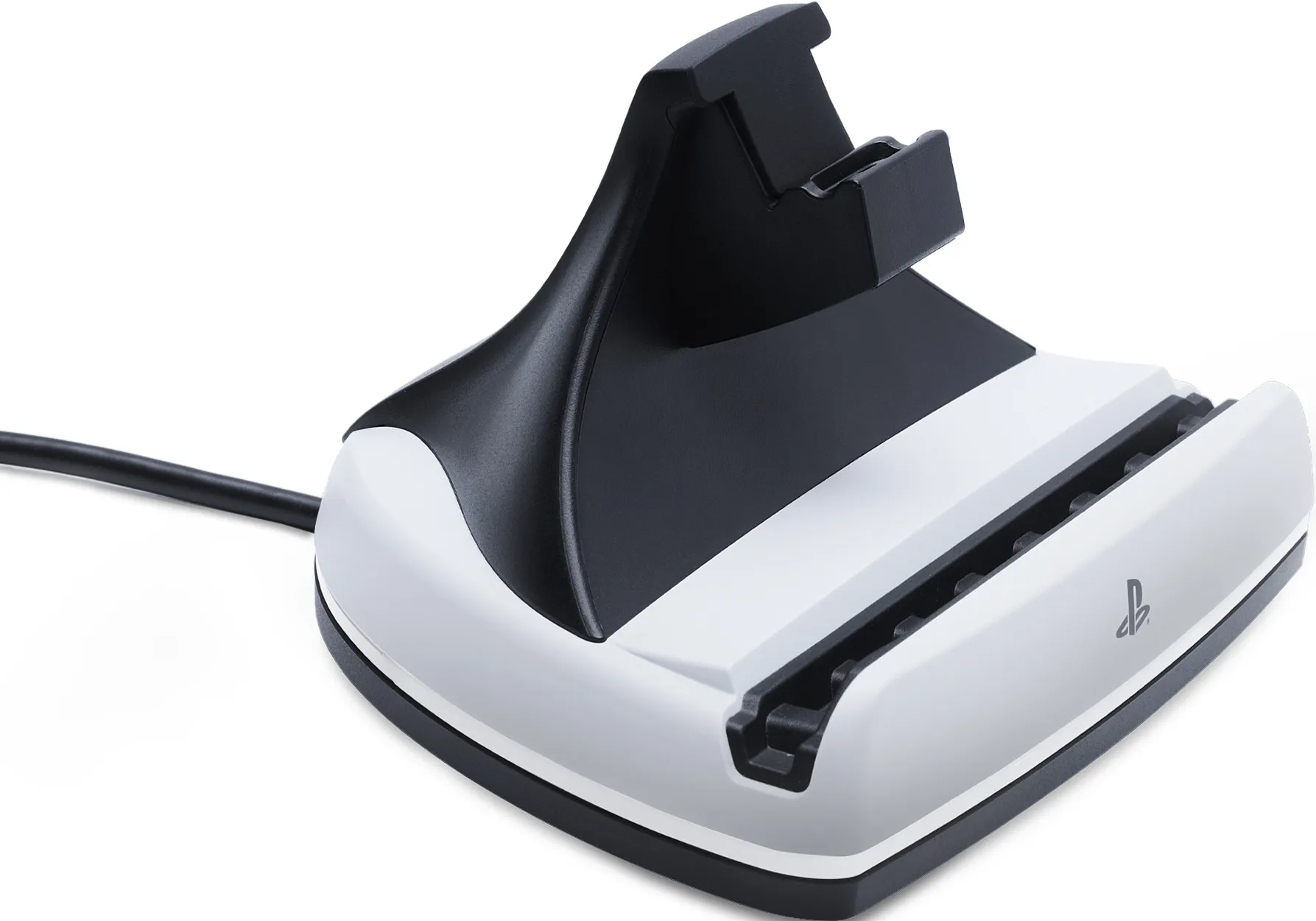 Une station de recharge noir et blanc pour une manette de jeu, avec le logo PlayStation.