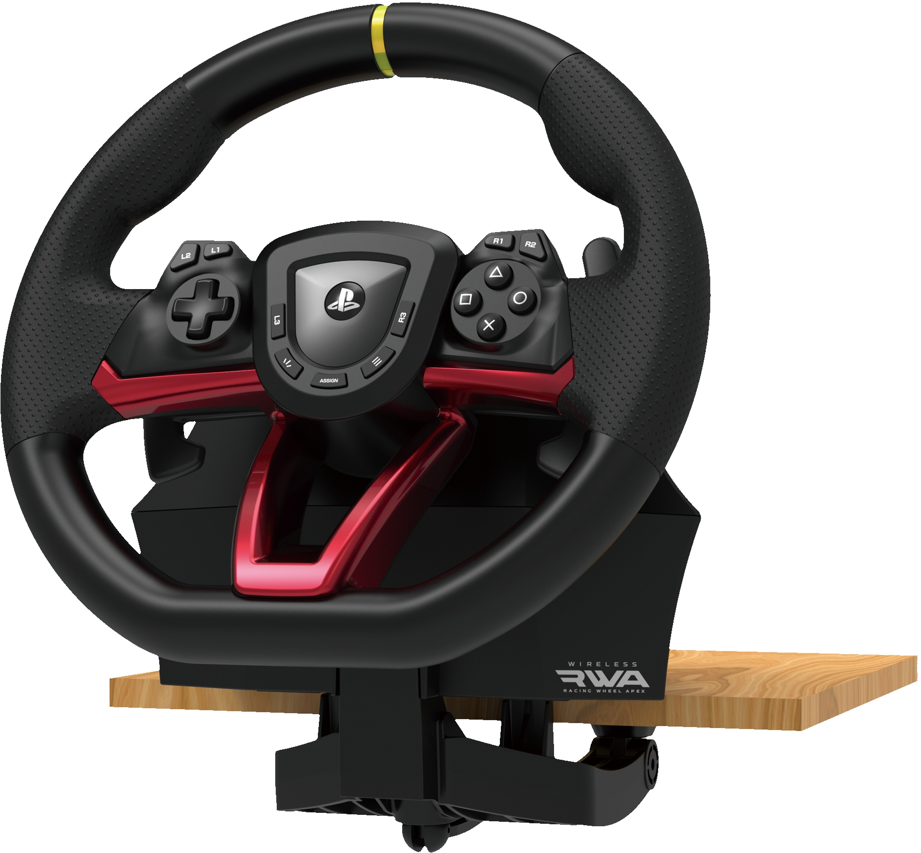 Schwarzes und rotes Gaming-Lenkrad mit Holz-Tischhalterung.