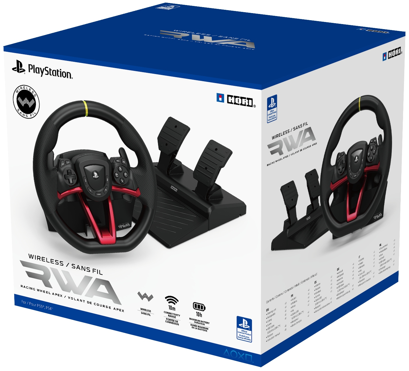 Ein Gaming-Lenkrad-Set mit Pedalen, in einer Box mit 'PlayStation'- und 'HORI'-Branding.