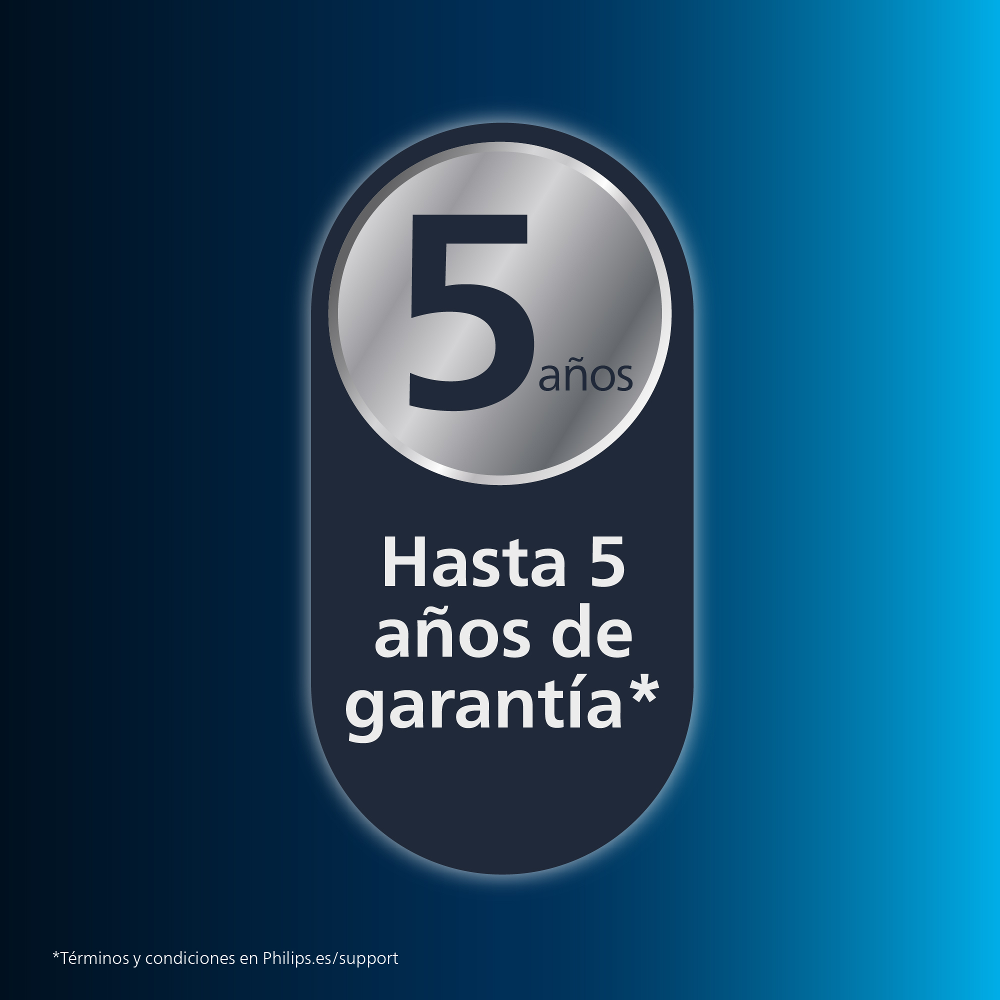 Un gráfico con un círculo plateado con el número 5 y las palabras "Hasta 5 años de garantía".