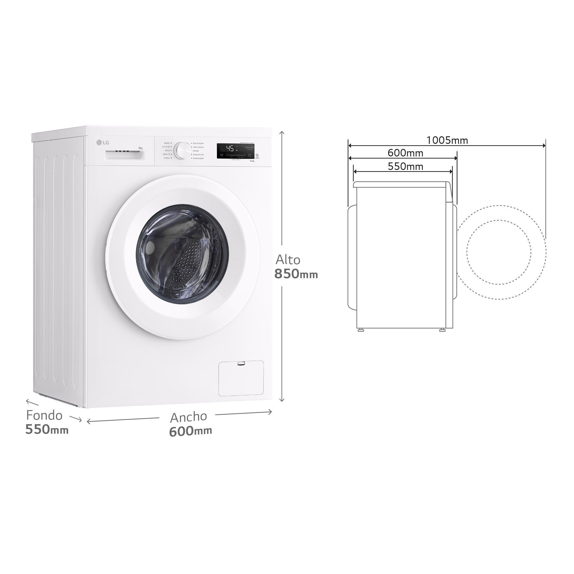 Lavadora blanca con dimensiones etiquetadas. Vista frontal con panel de control y puerta redonda.