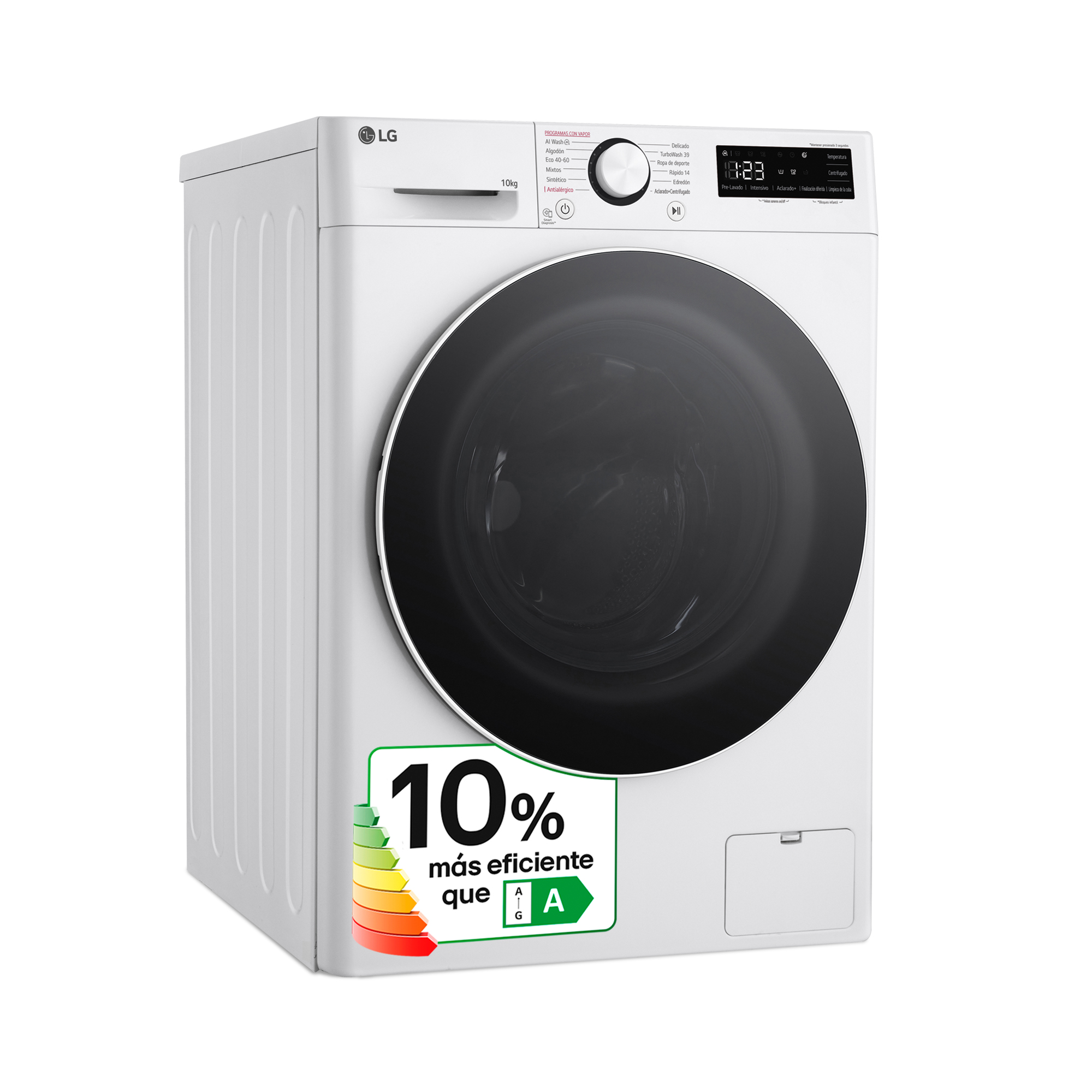Lavadora LG blanca con puerta negra y etiqueta de eficiencia.
