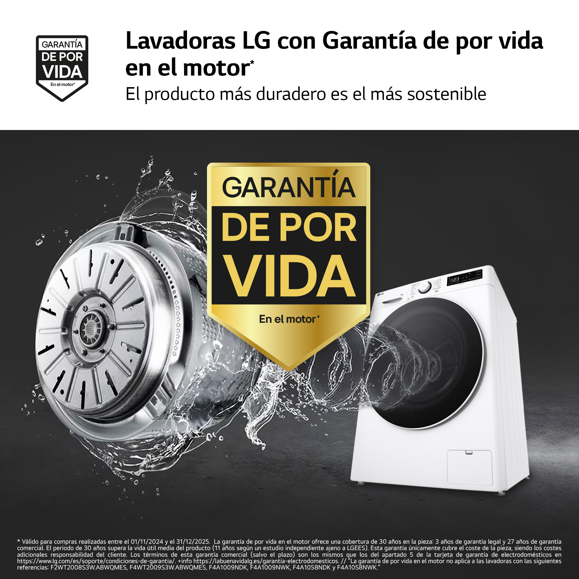 Una lavadora con la puerta abierta. El texto dice 'Garantía de por vida en el motor'.