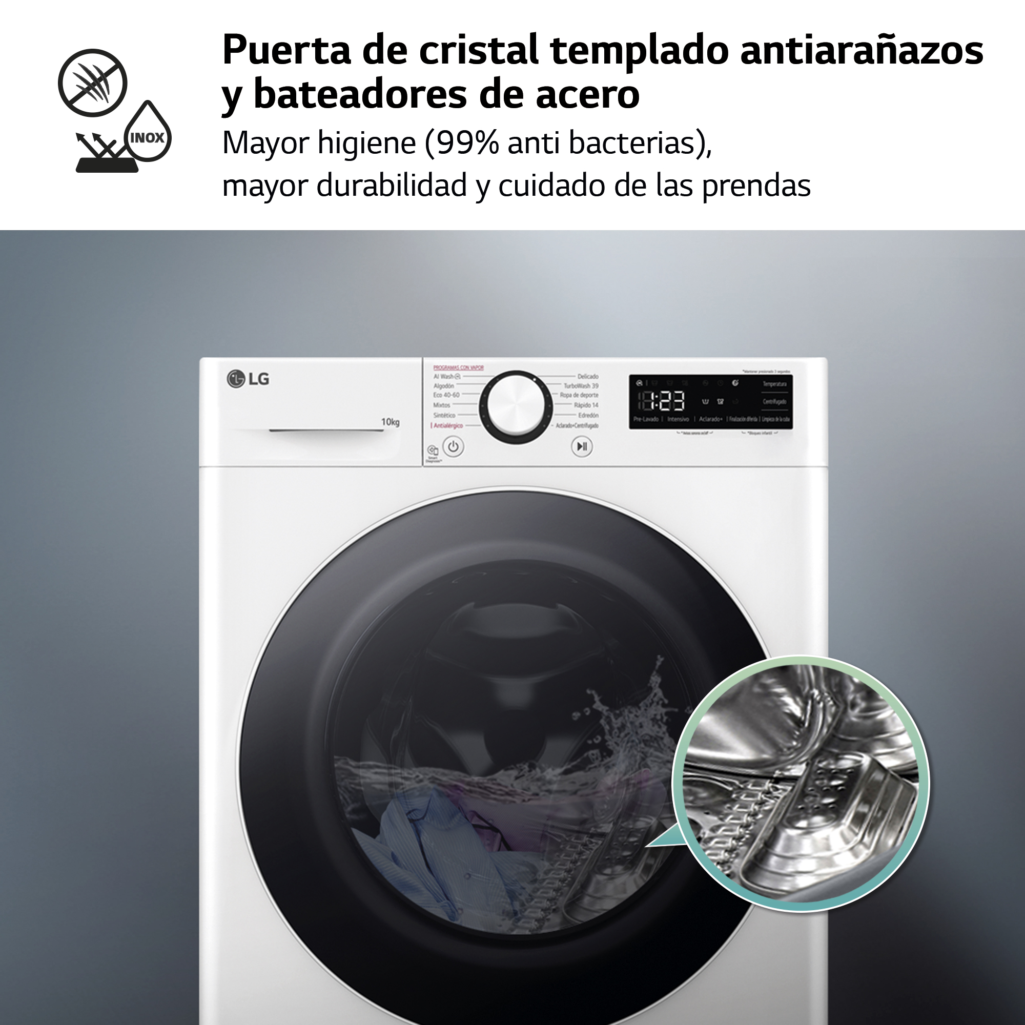 Una lavadora blanca con un primer plano del tambor.