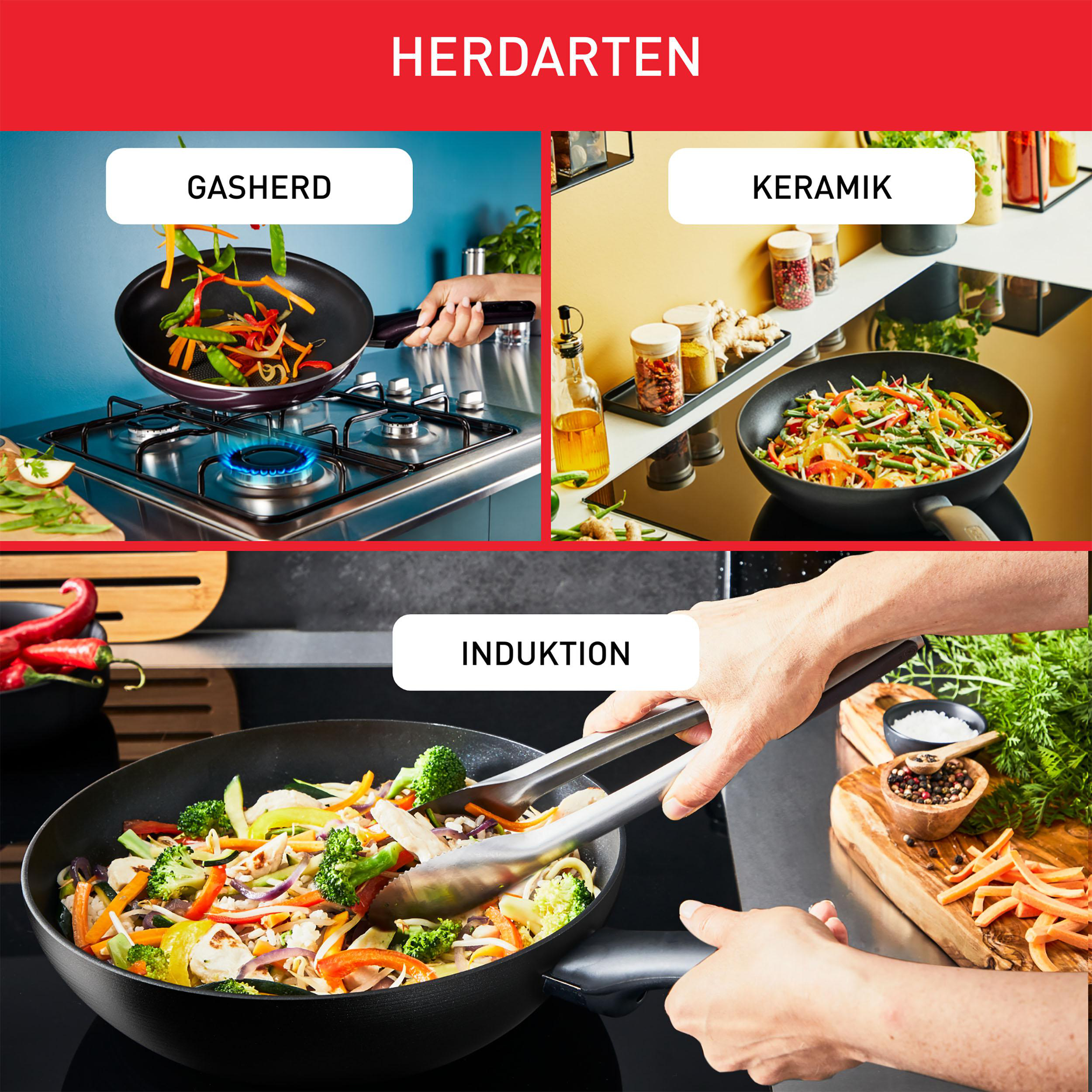 Drei Pfannen mit verschiedenen Kochfeldern: Gas, Keramik und Induktion. Jede Pfanne enthält gekochtes Gemüse.