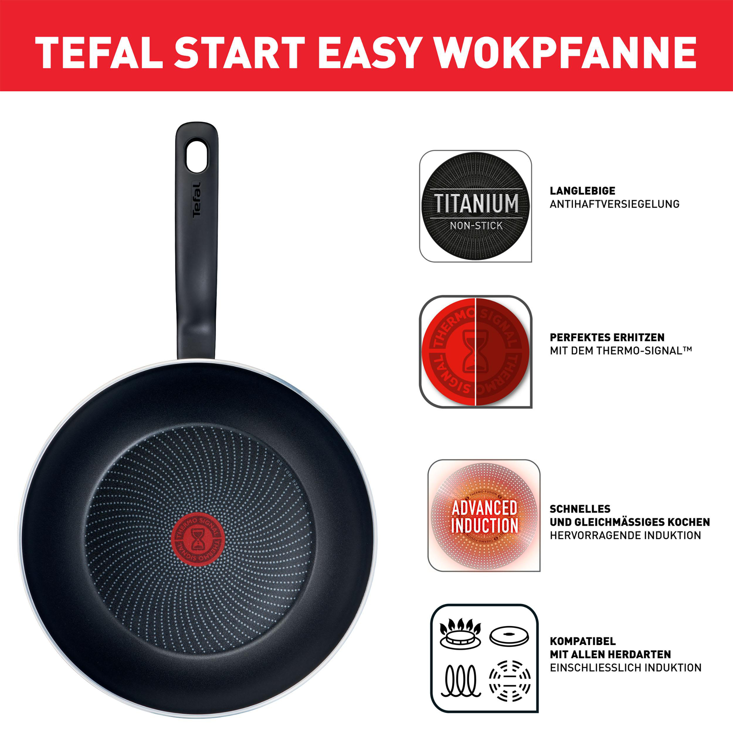 Schwarze Tefal Bratpfanne mit Griff und Thermo-Signal in der Mitte.