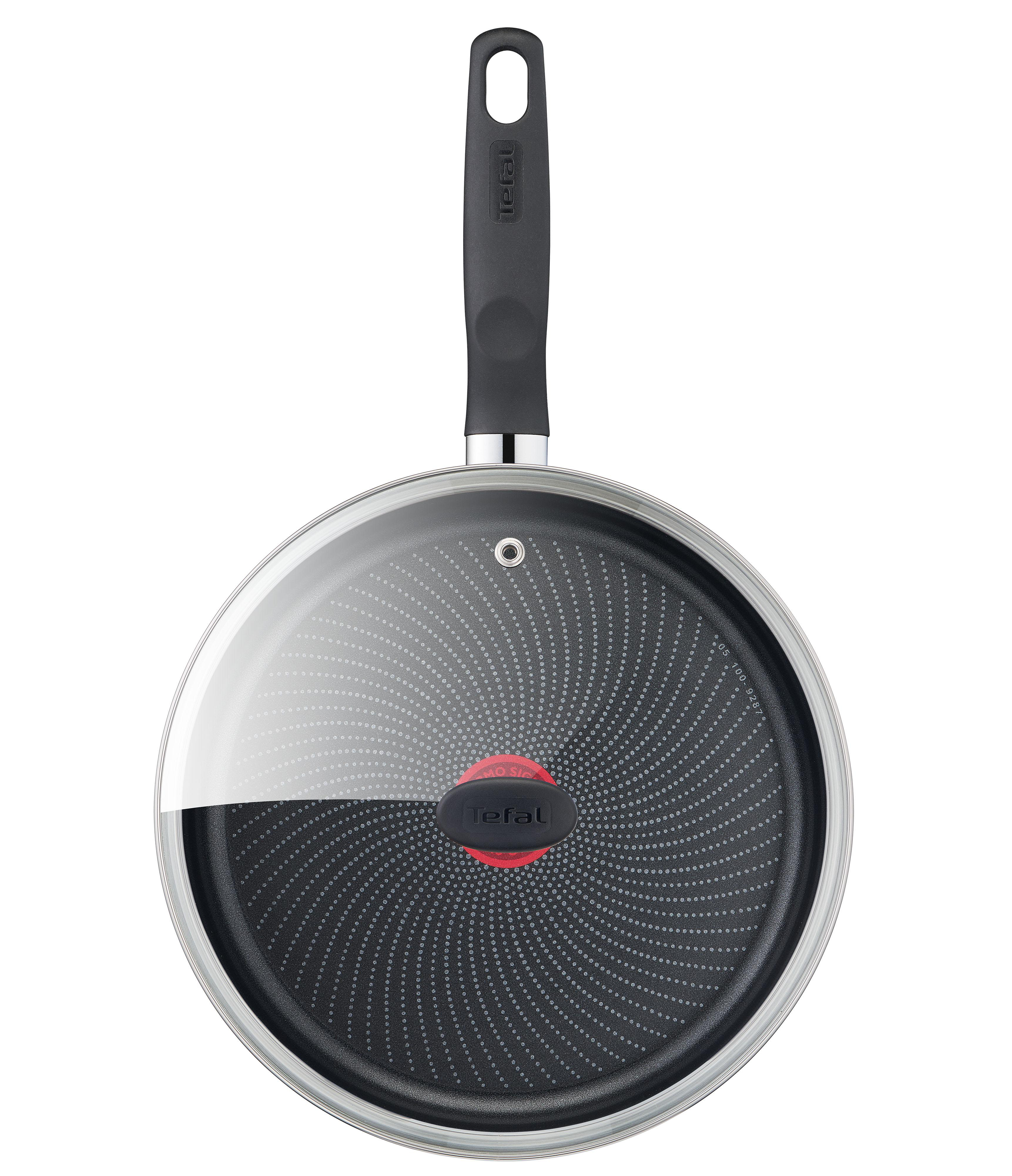 Tefal-Bratpfanne mit Glasdeckel, schwarzem und grauem Innenraum.
