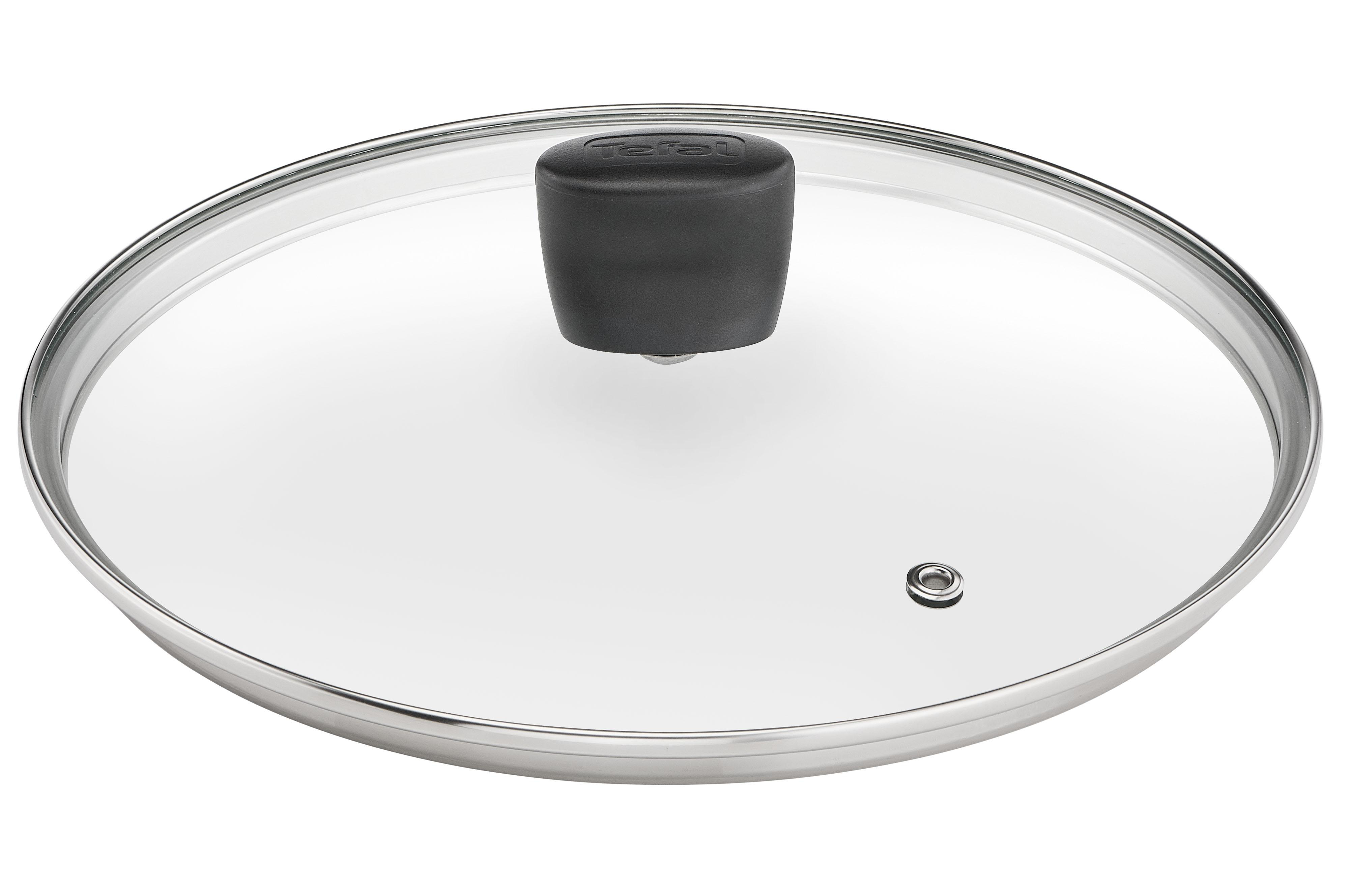 Glasdeckel mit schwarzem Griff und Edelstahlrand.