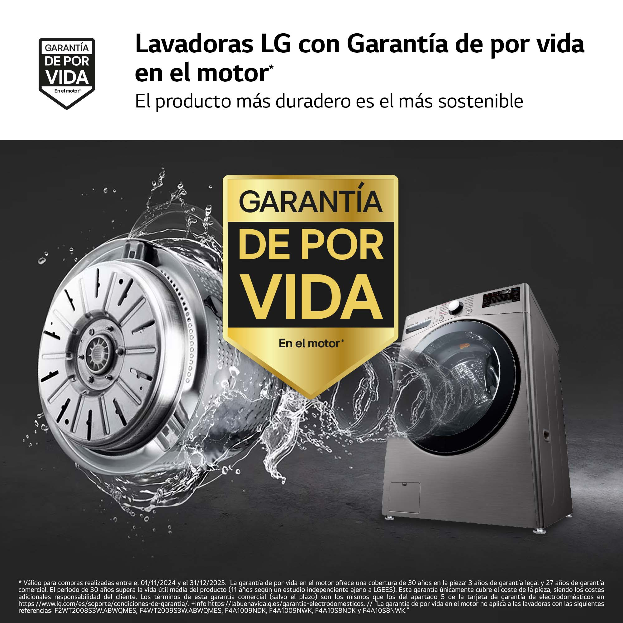 Lavadora LG con garantía de motor. Uno muestra el motor y el otro la lavadora.