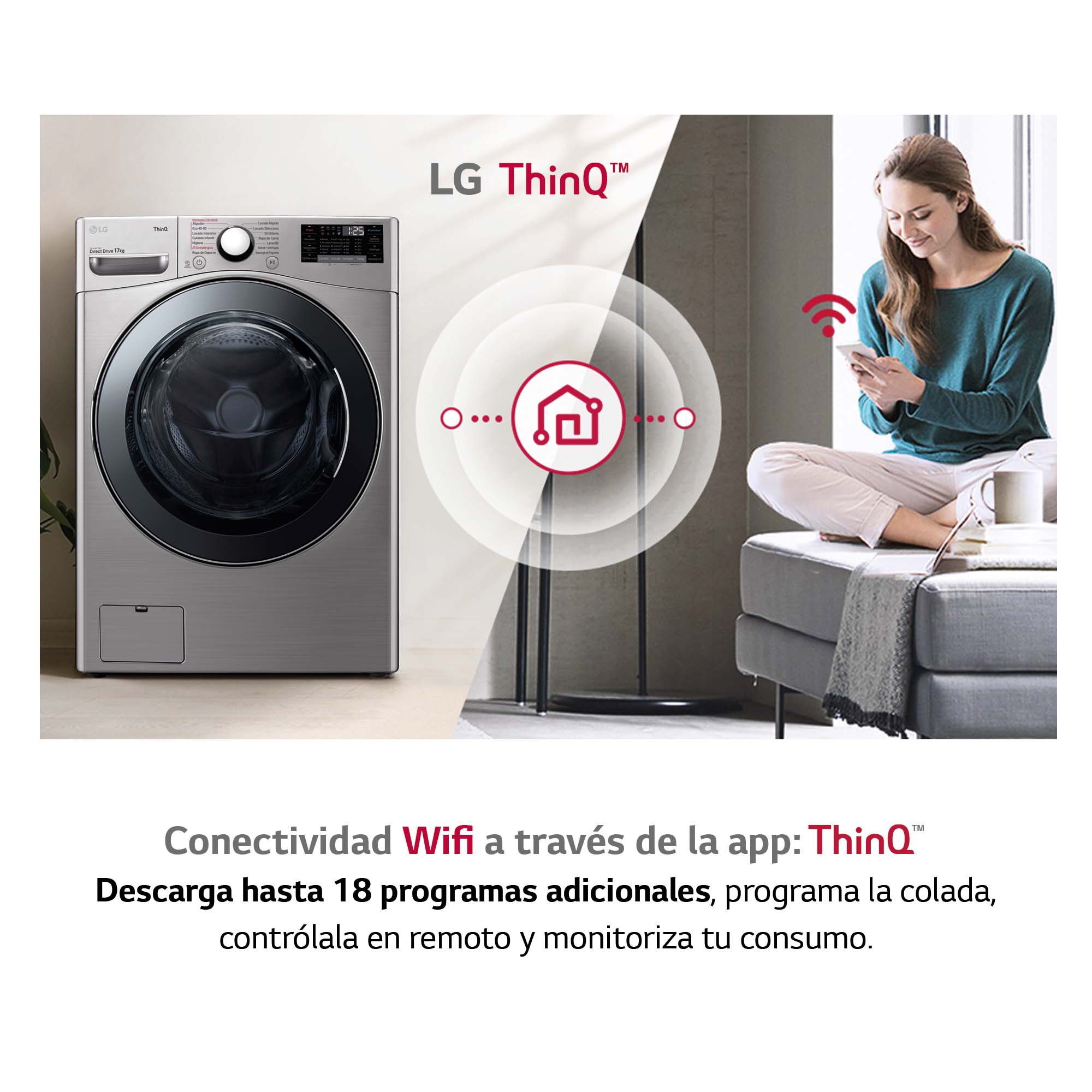 Lavadora LG conectada a WiFi, mujer usando teléfono, interfaz de la app visible.