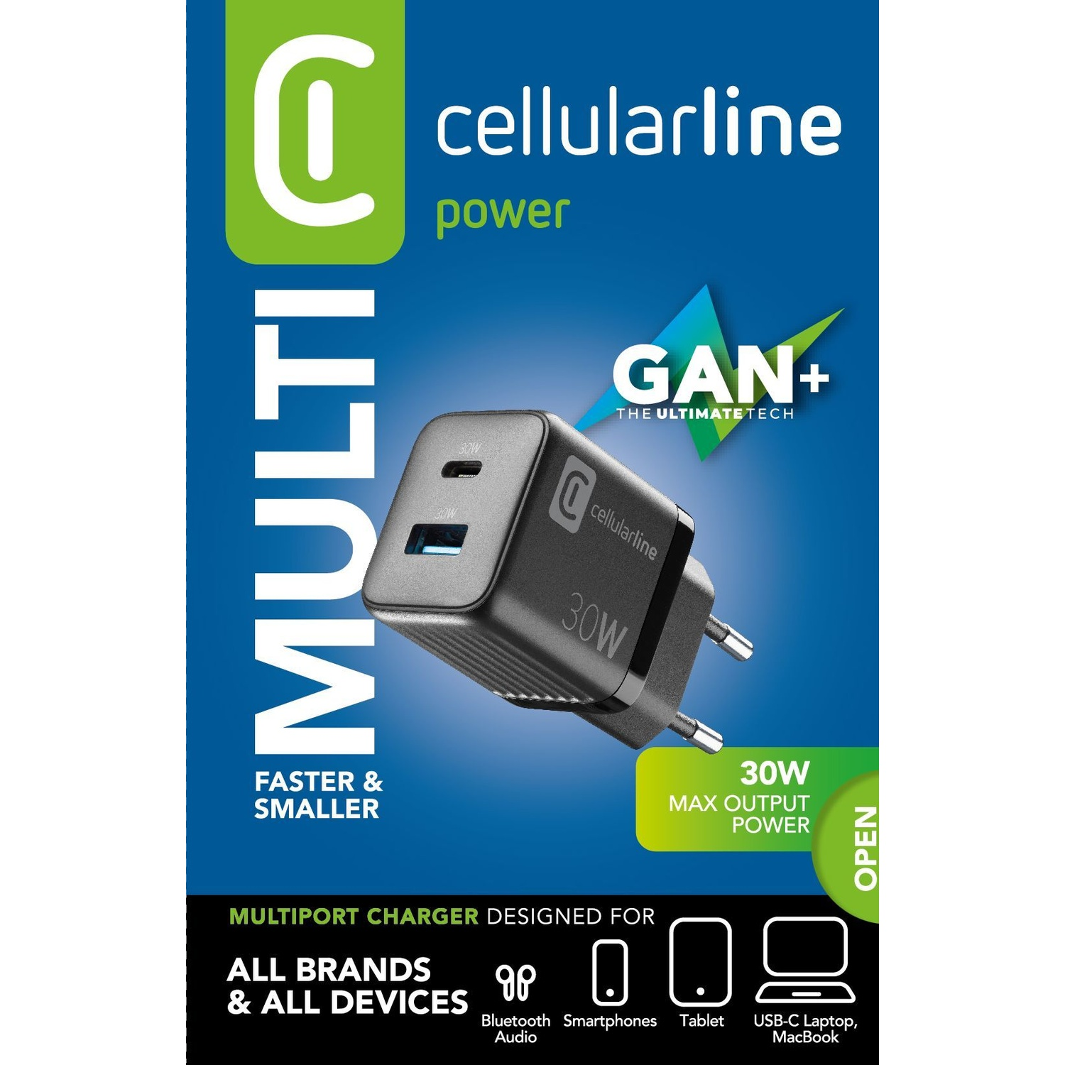 Un adattatore di alimentazione cellularline nero e grigio con 30W di potenza massima.