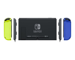 Rückseite einer schwarzen Nintendo Switch-Konsole mit gelben und blauen Controllern.