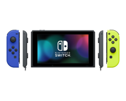 Nintendo Switch Konsole. Blaue und gelbe Joy-Cons auf beiden Seiten eines schwarzen Tablets.