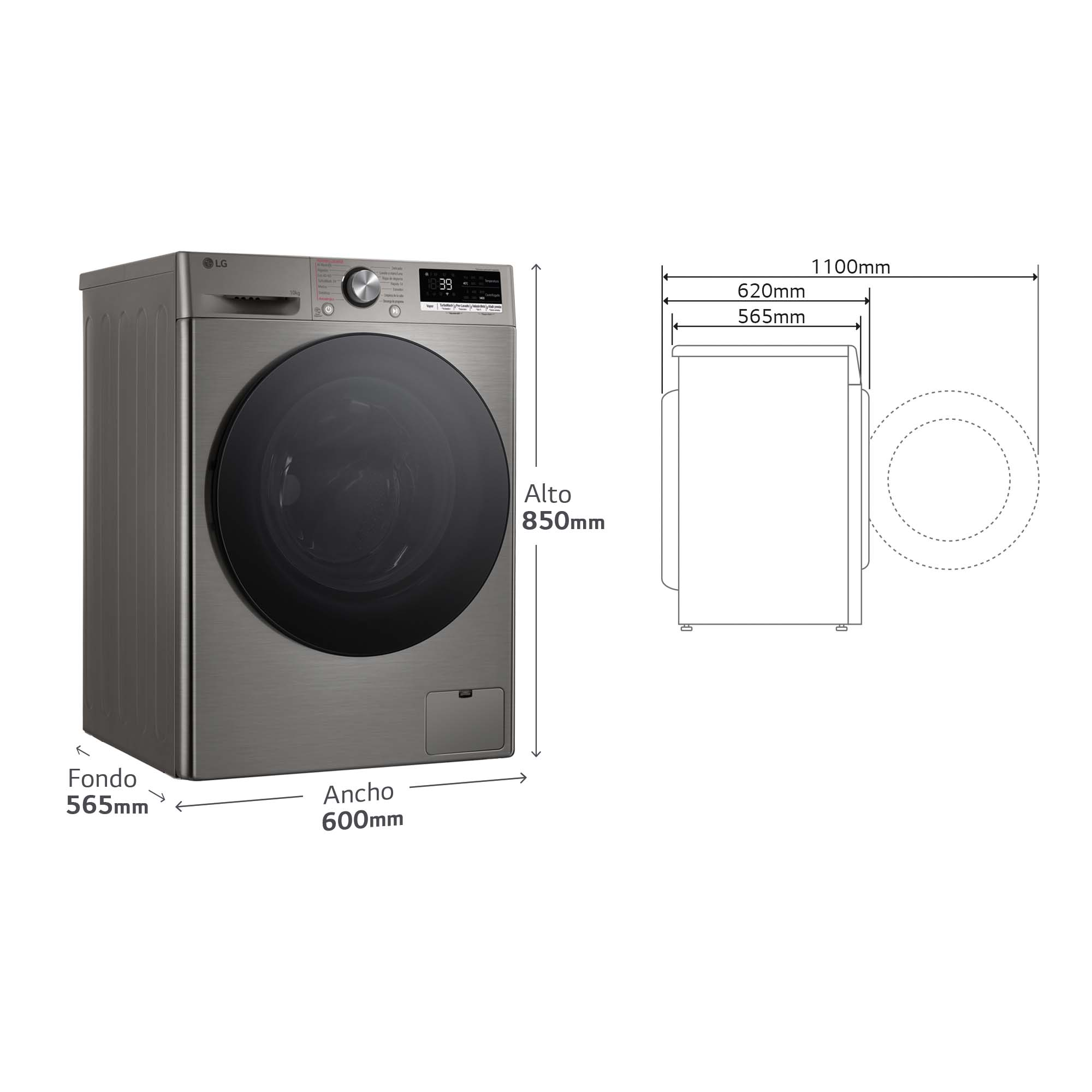 Lavadora LG plateada con dimensiones y medidas sobre fondo blanco.