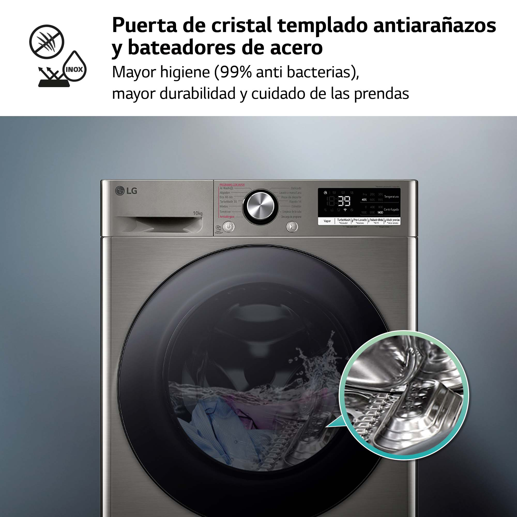 Una lavadora LG de acero inoxidable con puerta negra y una gran pantalla.