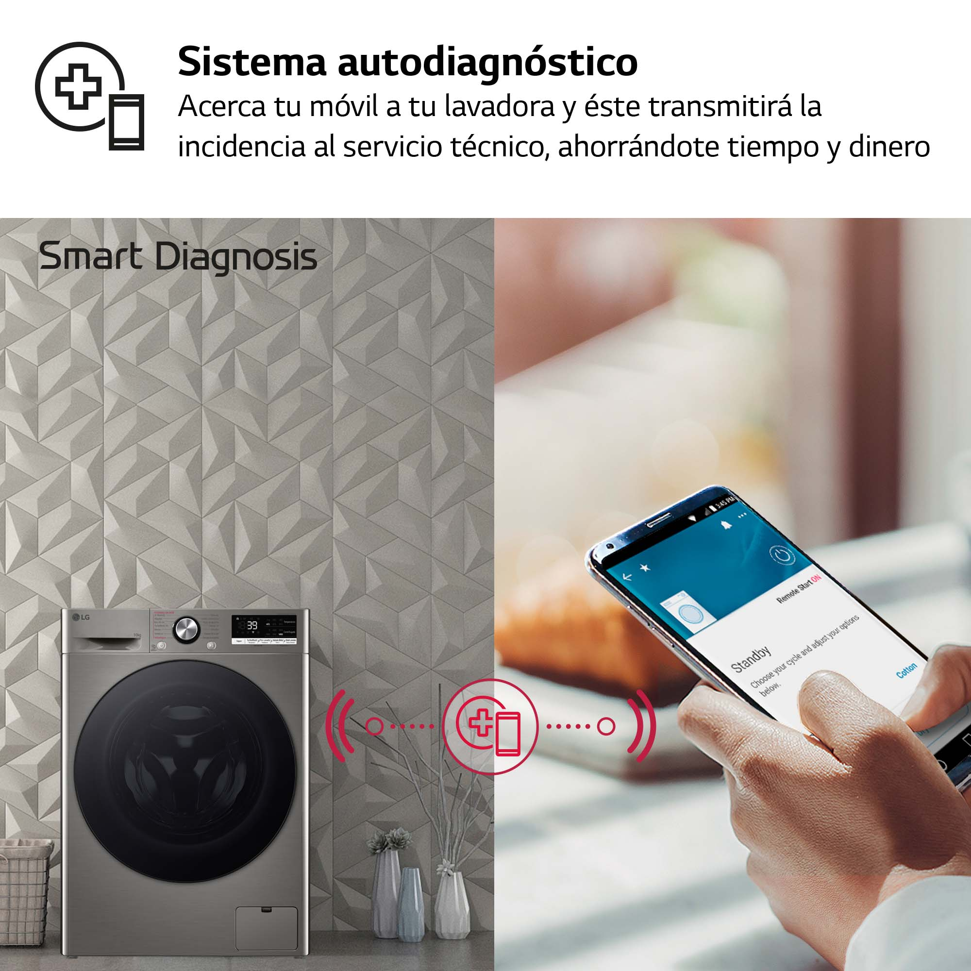 Lavadora con función Smart Diagnosis. Teléfono cerca de la máquina. Fondo gris, texto blanco.