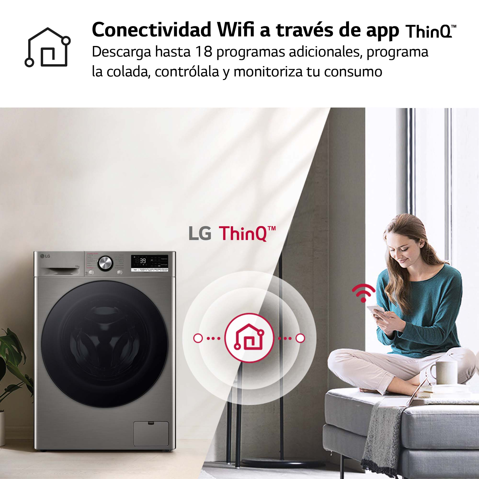 Mujer usando un teléfono inteligente cerca de una lavadora.