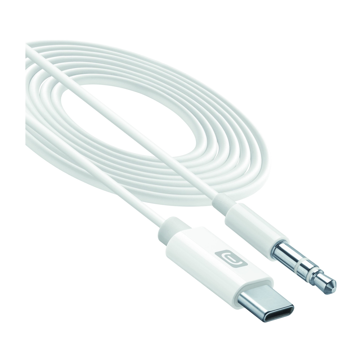 Cavo audio bianco da USB-C a 3,5 mm, arrotolato. I connettori sono visibili.