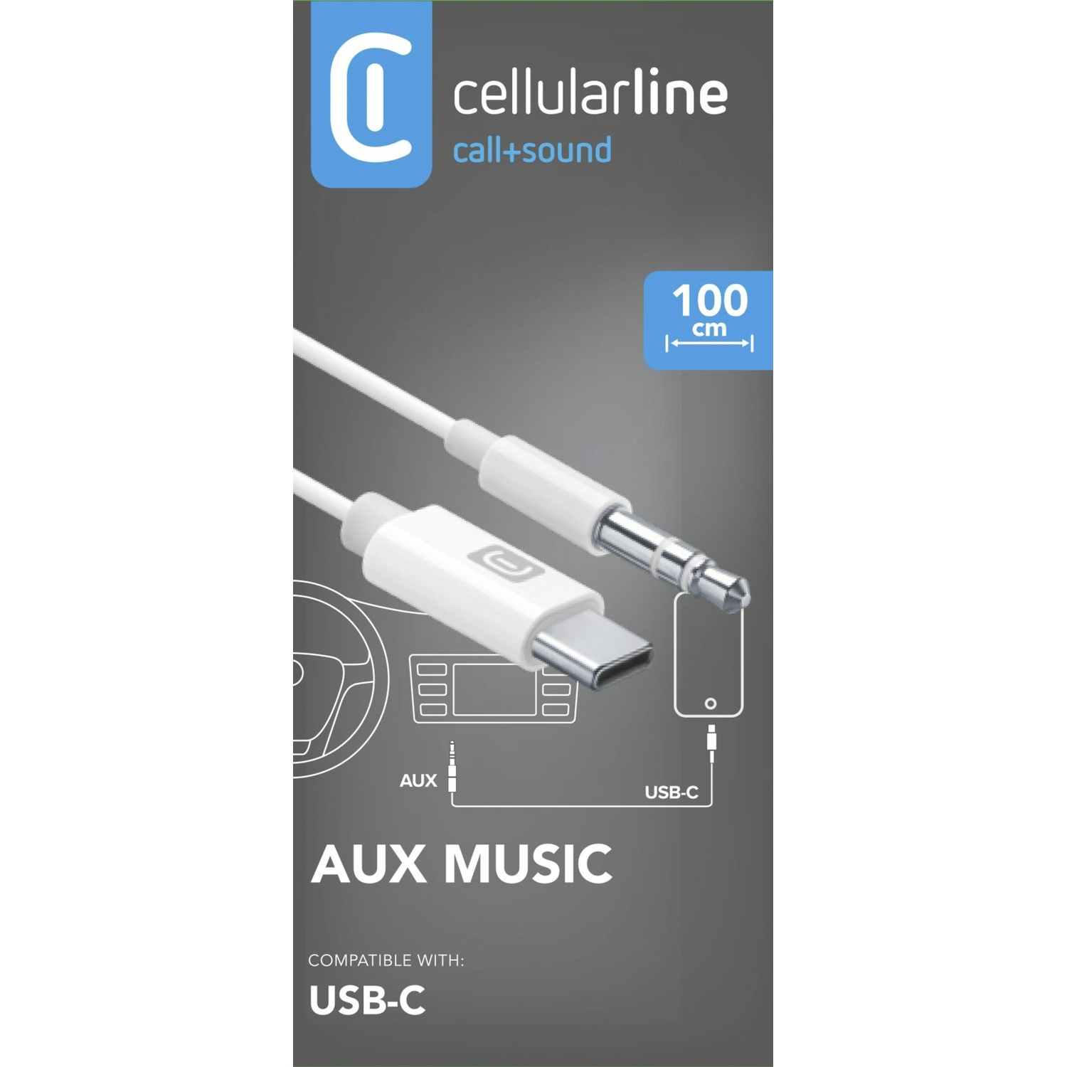 Cavo musicale AUX bianco con connettori USB-C e 3,5 mm.