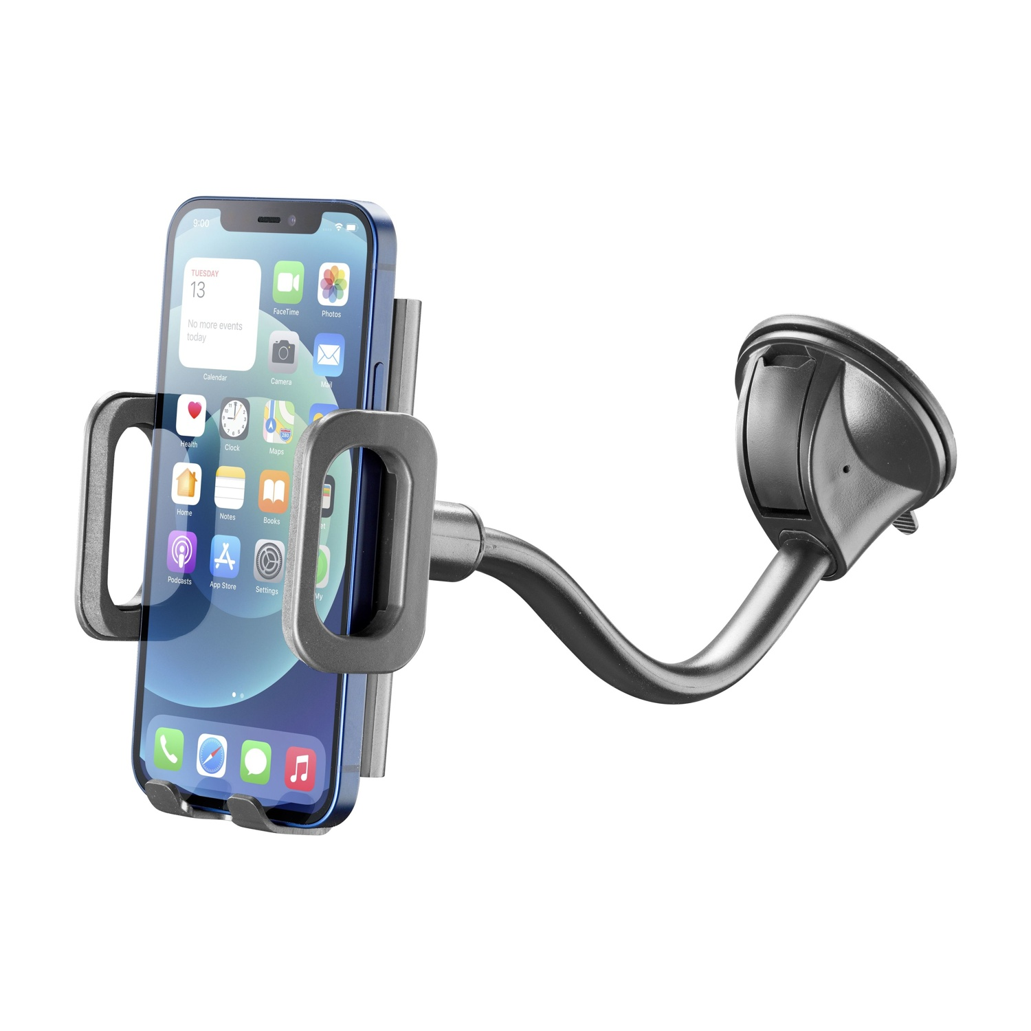 Supporto per telefono per auto con telefono blu, montato sul parabrezza.