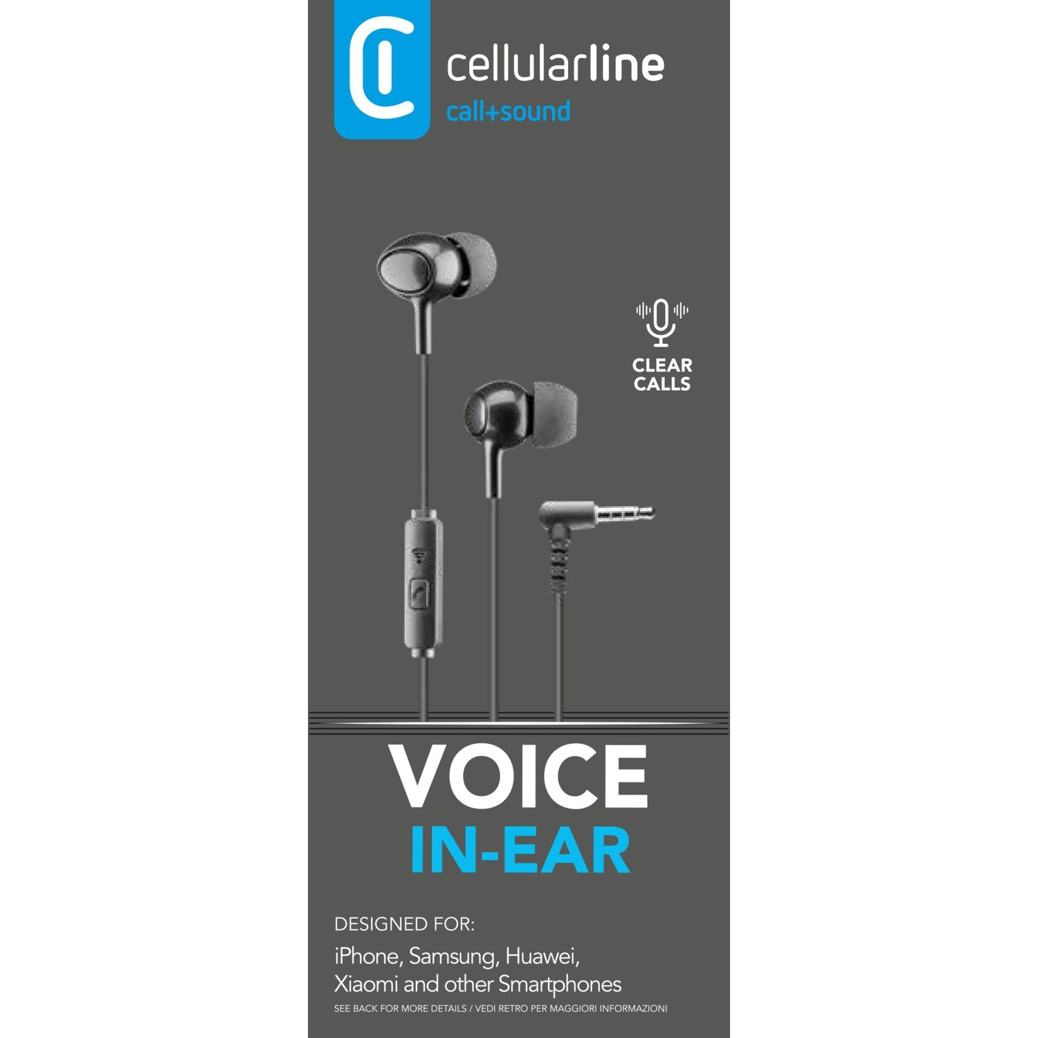 Auricolari in una confezione. La confezione è marchiata Cellularline, con il testo call+sound e clear calls.