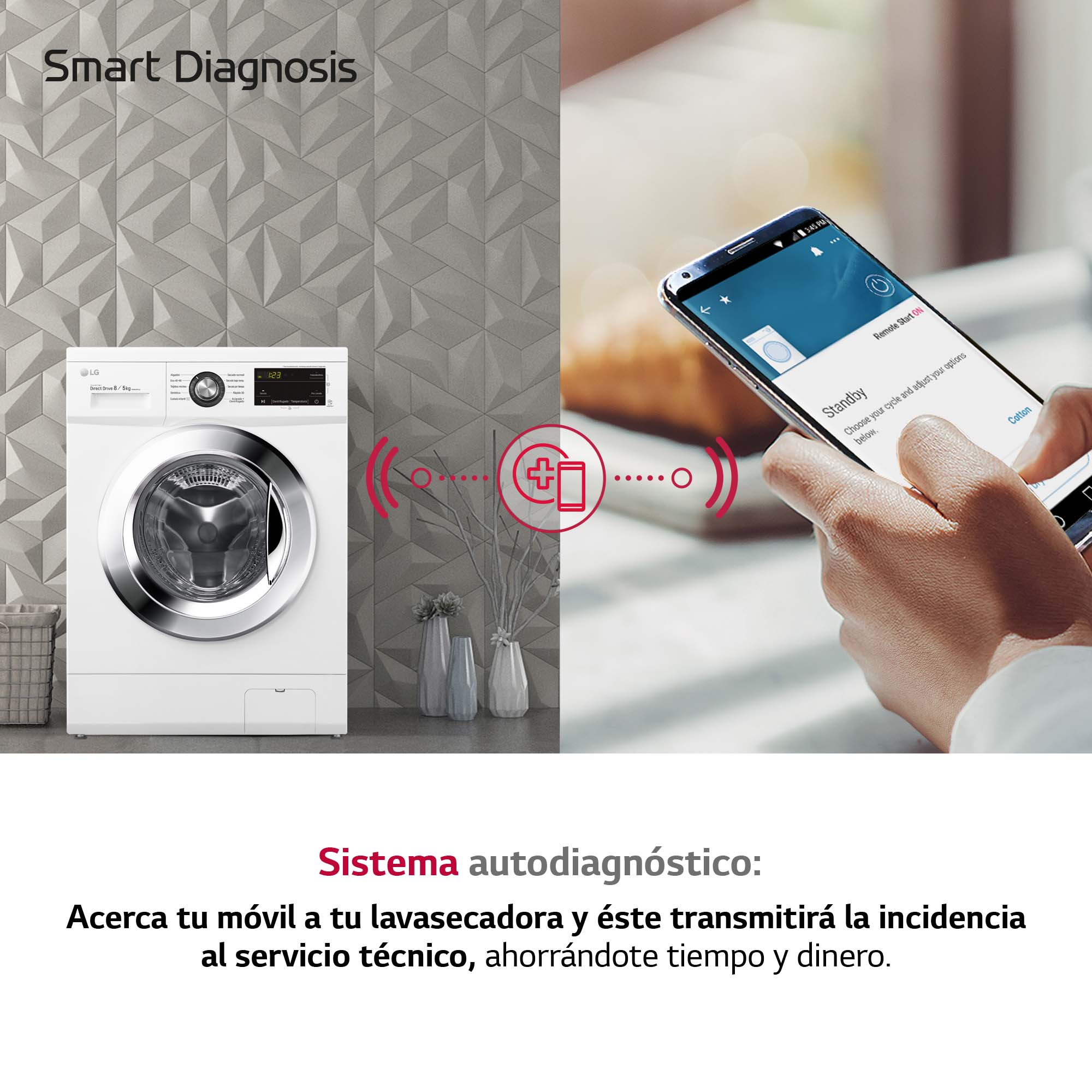 Lavadora blanca con sistema de diagnóstico inteligente.