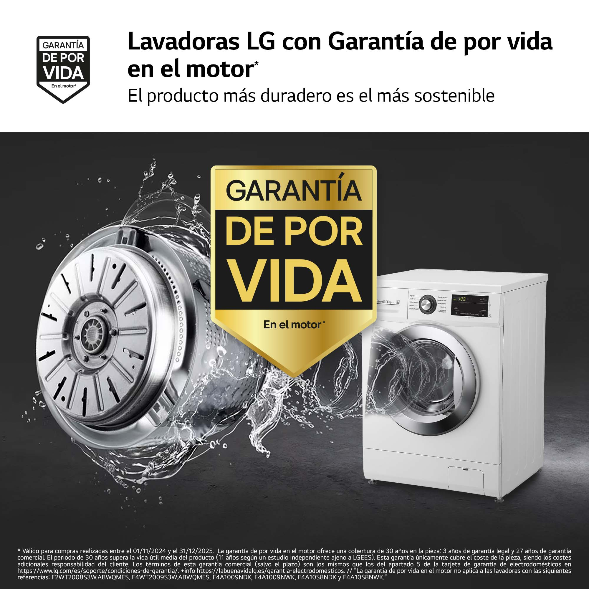 Lavadora LG con garantía de por vida en el motor. Imagen muestra componentes y máquina.