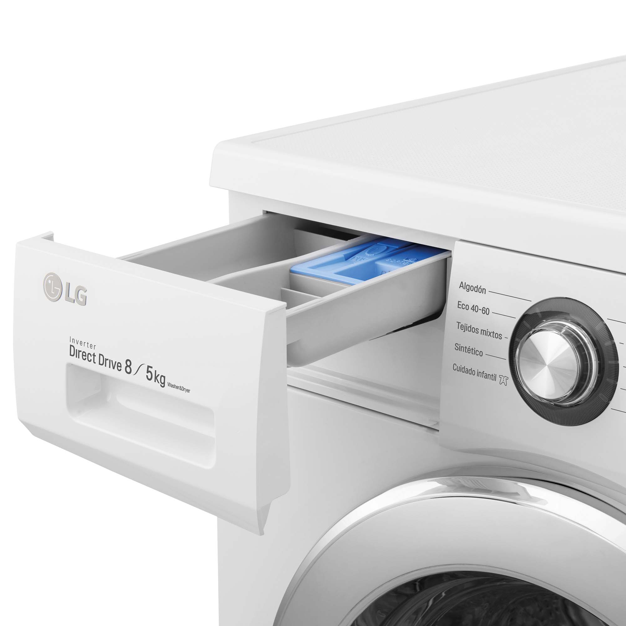 Lavadora blanca, cajón de detergente abierto con compartimento azul.