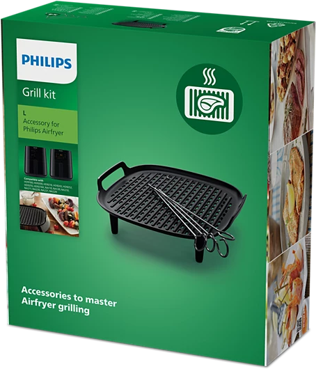 Egy Philips grillkészlet doboza grillrácssal és nyársakkal elöl.
