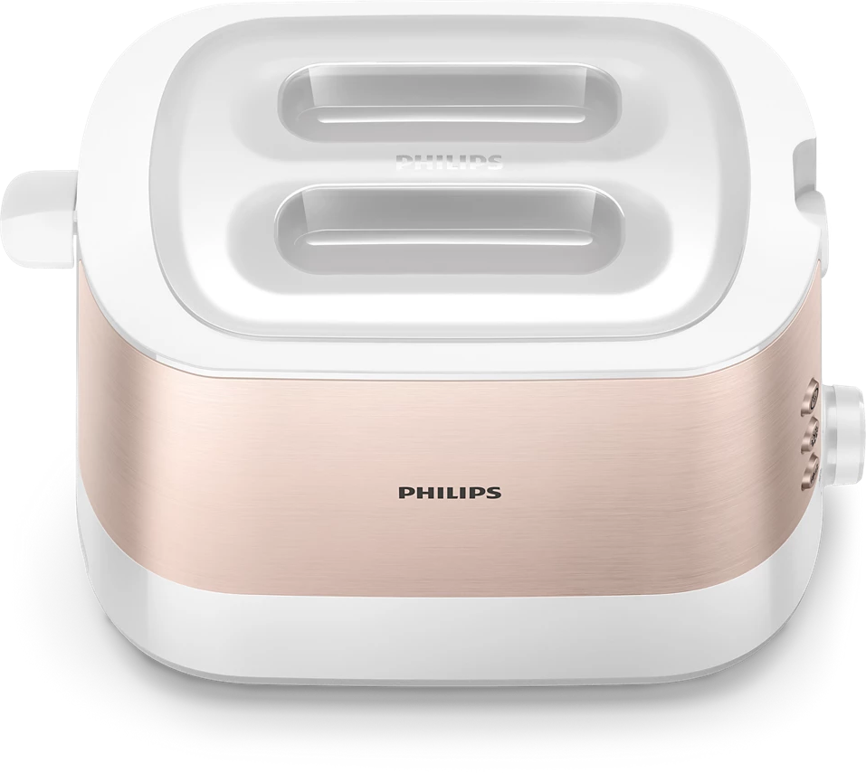 Fehér és rozé arany kenyérpirító. Két nyílás, Philips márka, oldalsó fogantyúval.