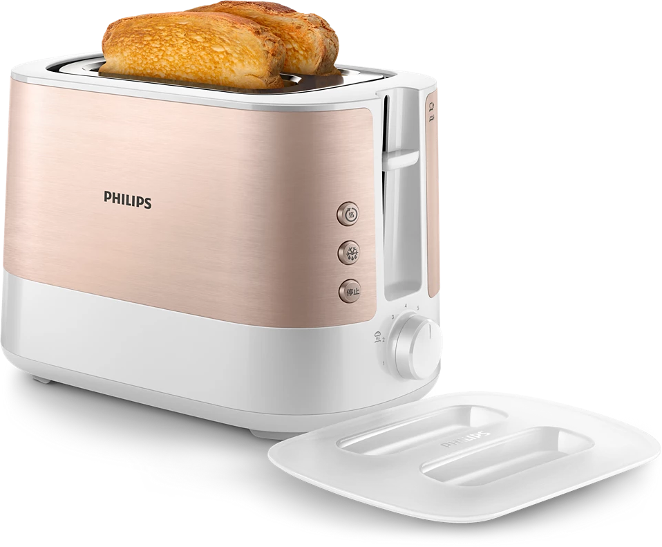 Egy rózsaszín-fehér Philips kenyérpirító két pirítós szelettel. Gombokkal és tárcsával rendelkezik. Fehér tálca alul.