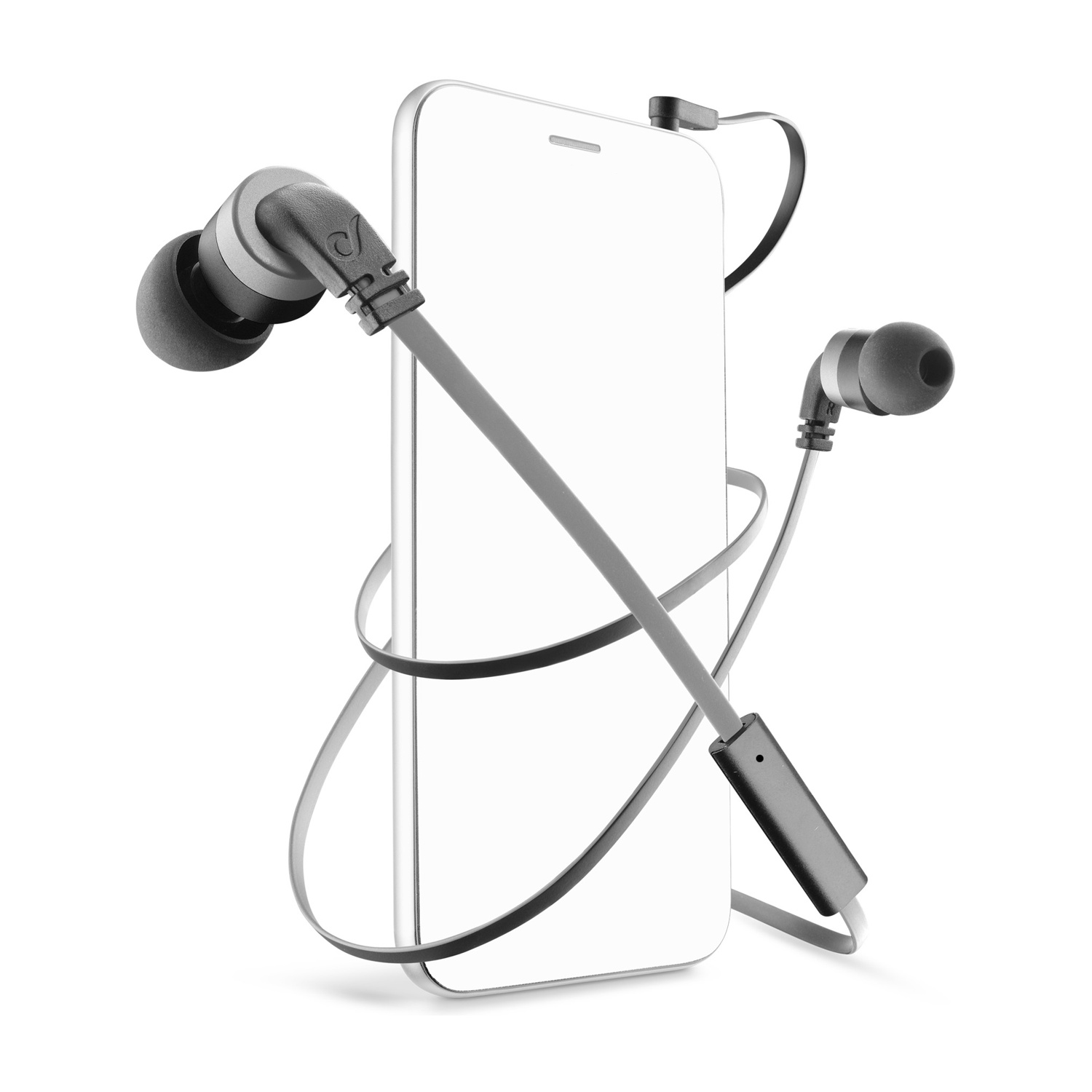 Auricolari collegati a uno smartphone, sfondo bianco. Gli auricolari sono neri e grigi.