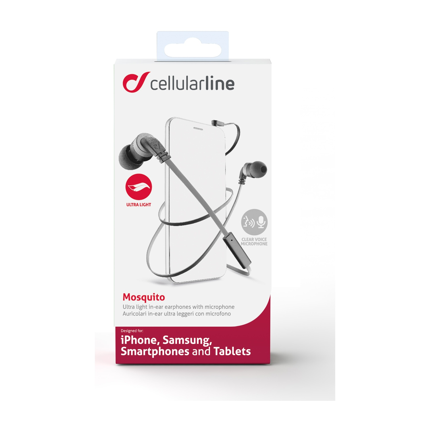 Scatola di auricolari con un paio di auricolari neri e un microfono, sfondo bianco.