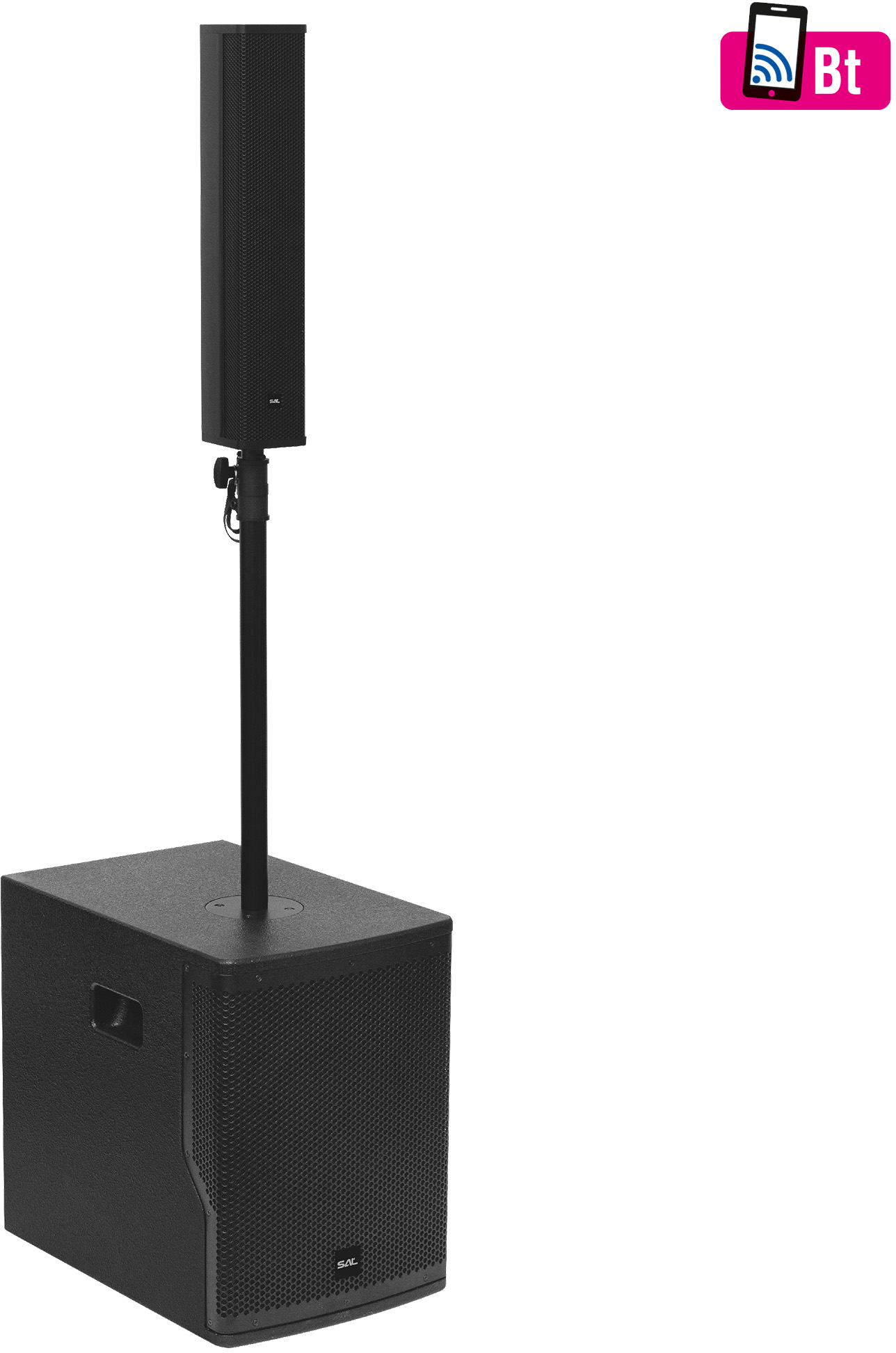 Egy magas fekete hangszóró állványon, és egy fekete mélynyomó. Egy okostelefon ikon bluetooth-tal.