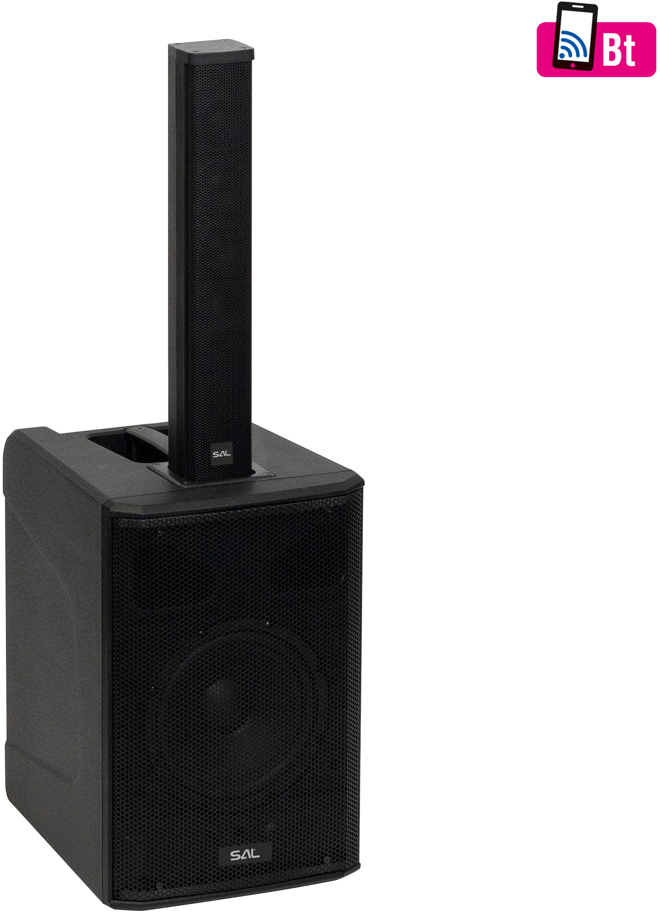 Fekete hangszórórendszer magas oszlop hangszóróval. Bluetooth ikon a jobb felső sarokban.